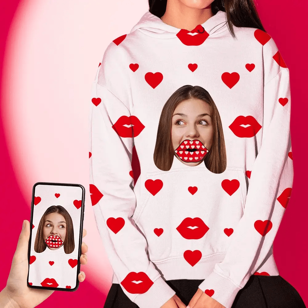 Unisex Custom Face Red Heart Lips Hoodie