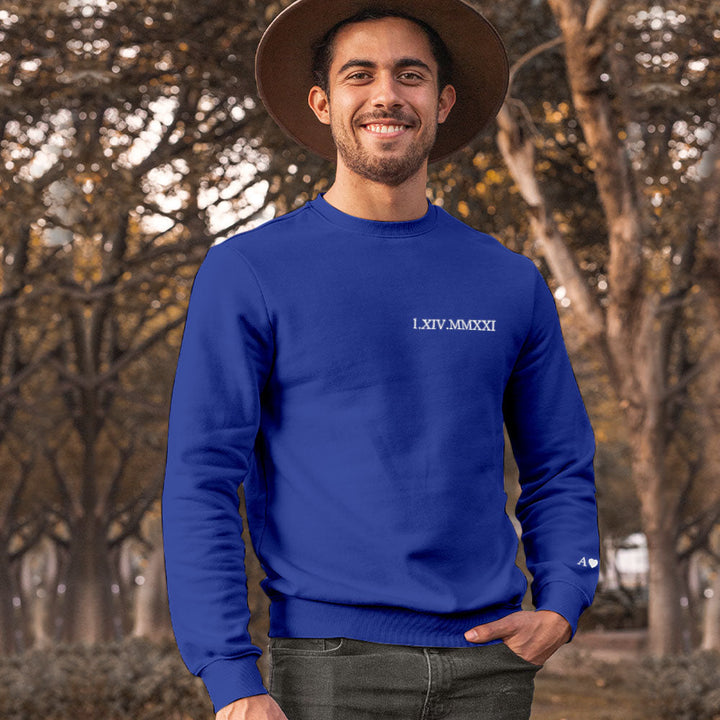 Custom Engraved Hoodie Embroidery Round Neck Roman Numeral Date Couple Gifts