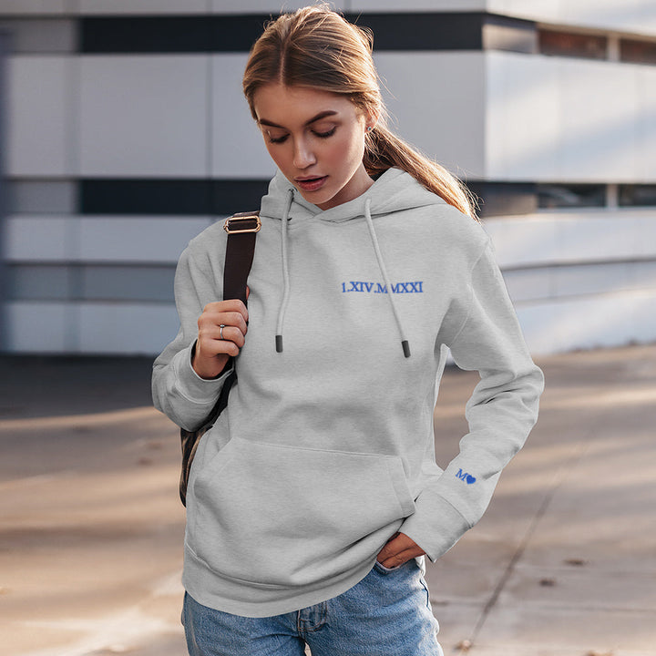 Custom Engraved Hooded Embroidery Round Neck Roman Numeral Date Couple Gifts