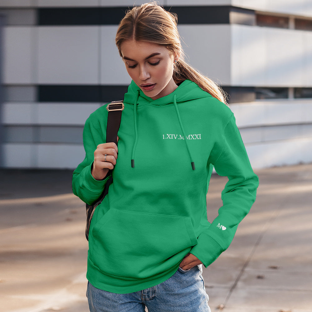 Custom Engraved Hooded Embroidery Round Neck Roman Numeral Date Couple Gifts