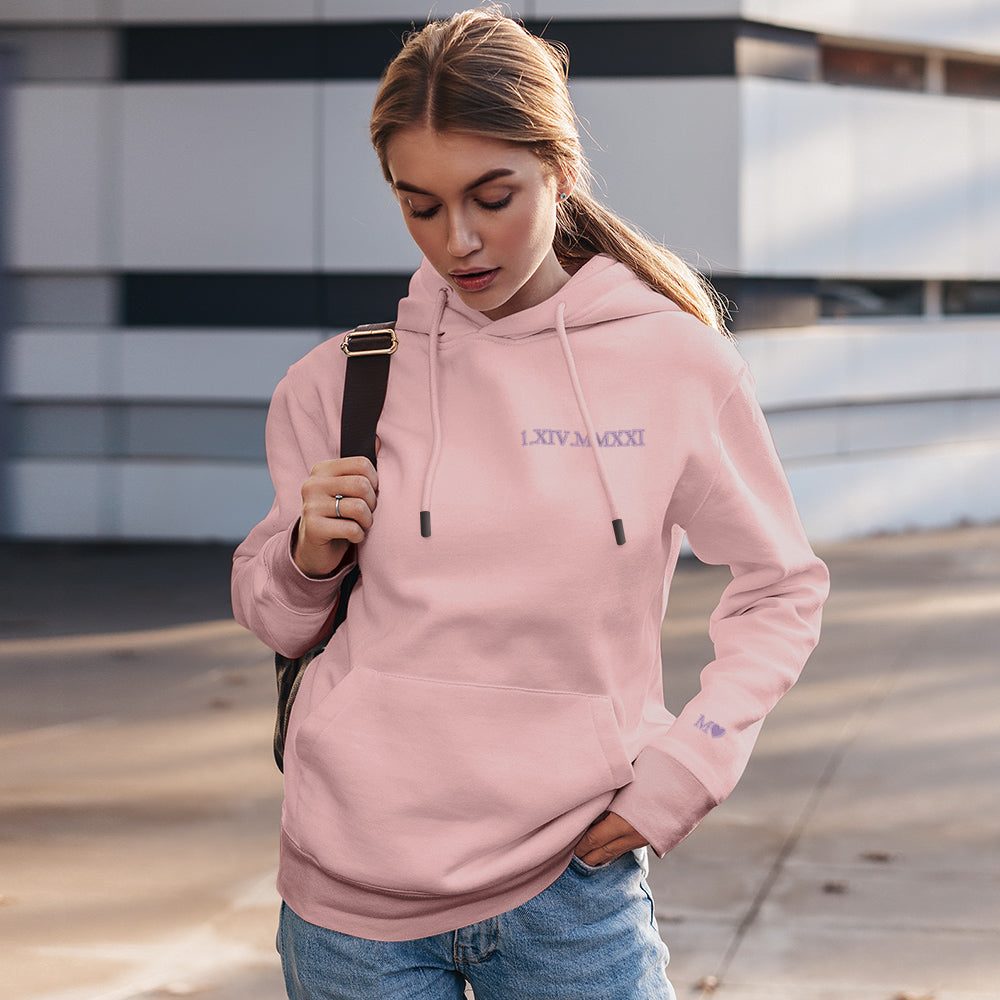 Custom Engraved Hooded Embroidery Round Neck Roman Numeral Date Couple Gifts