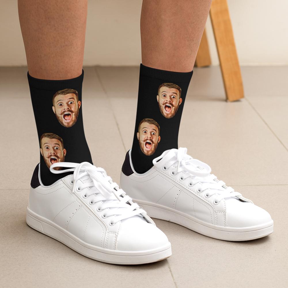Custom Face Classic Design Black Background Stripes Big Eyes Socks Personalized Photo Socks Unisex Gift For Men Women