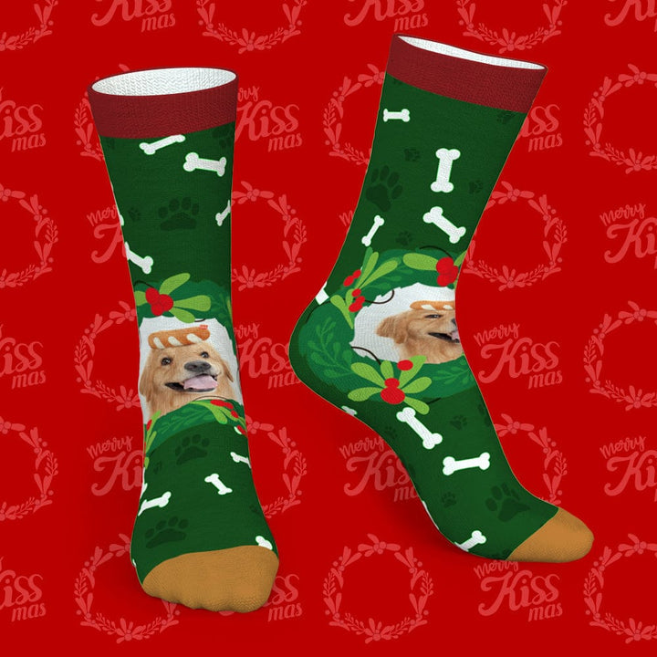 Custom Photo Socks With Mistletoe and Bone Christmas Gifts for Pet Lovers
