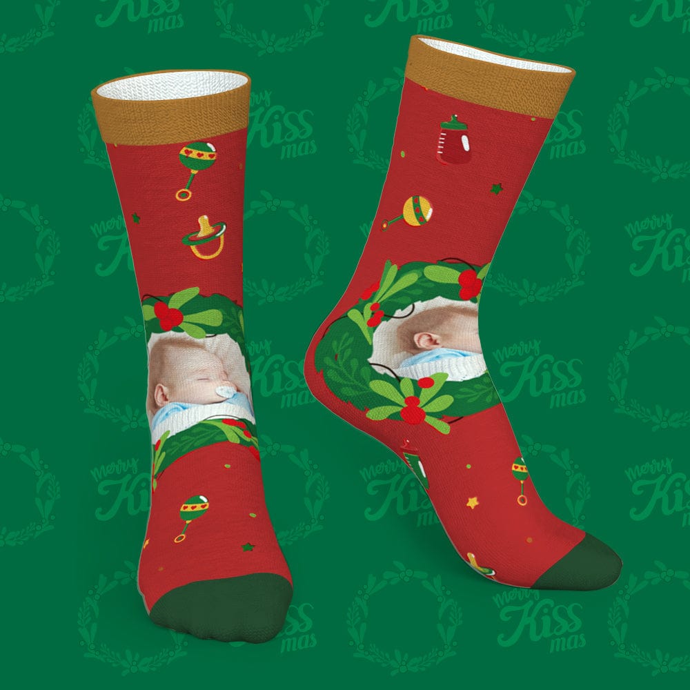 Personalized Photo Socks Christmas Mistletoe and Feeding Bottle Socks Gifts for Family