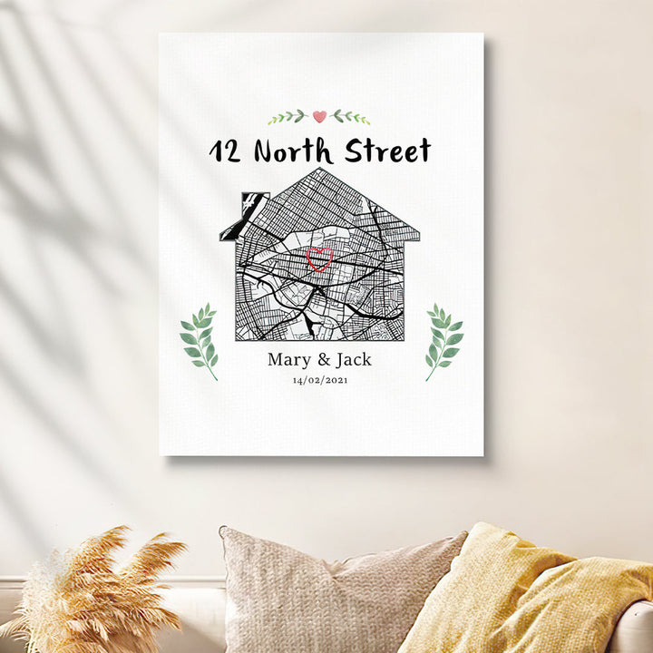 Personalized New Home Map Canvas Custom House Shape Wall Decor Housewarming Gift Christmas Gift
