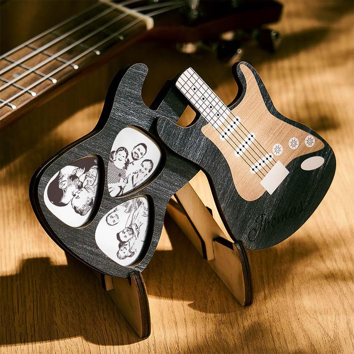 Personalised Wooden Picks Case Guitar Picks Set Engraved Box with 3 Guitar Picks Great Gifts for Him