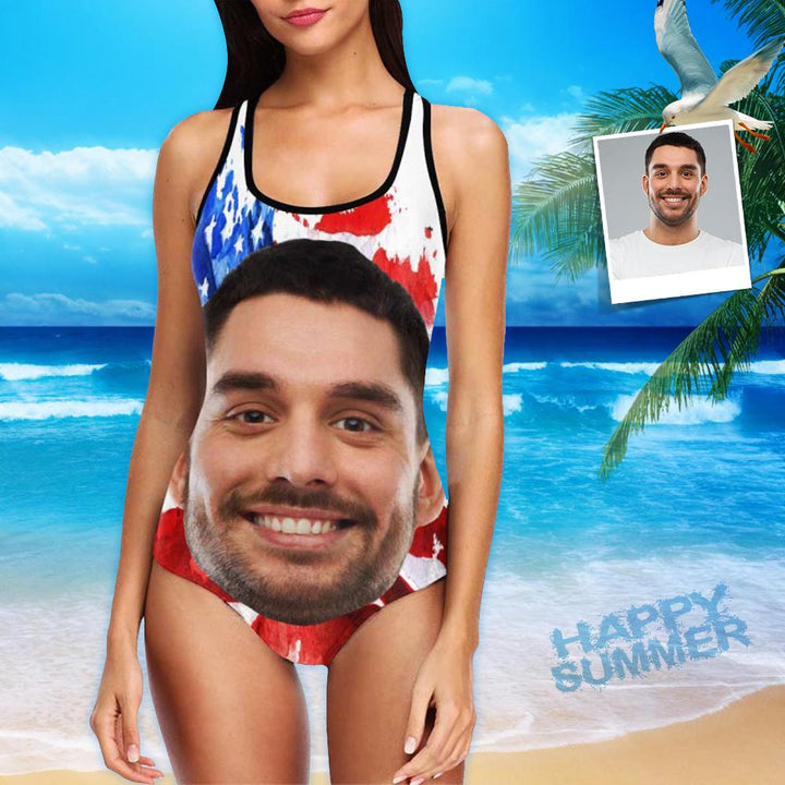Custom Swimwear Boyfriend Face One Piece Bathing Suit Husband Face American Flag Swimsuit