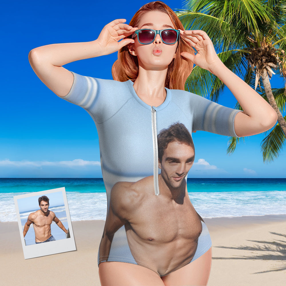 Custom Photo Half Sleeve Swimsuit One Piece Swimwear Personalized Women's Half Sleeve Swimsuit