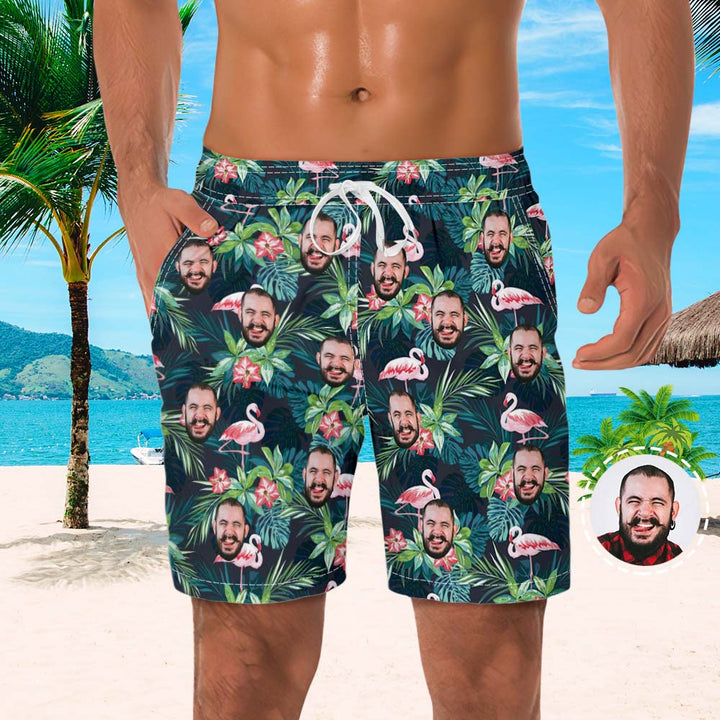 Custom Face Hawaiian Shirt And Beach Shorts Set Personalized Men's Photo Flamingo Flower Set Vacation Party Gift