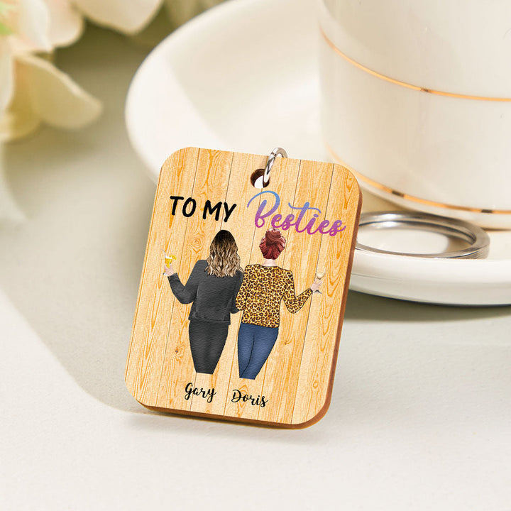 Cartoon Sister Image Wooden Keychian Custom Engraved Back View Keychain For Friend