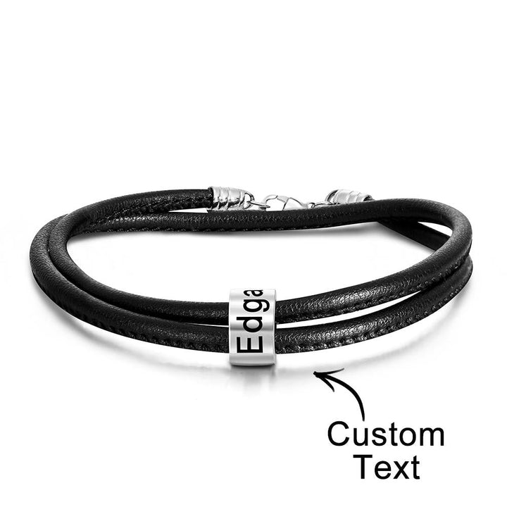 Custom Engraved Bead Bracelet Men Braided Black Leather Gifts