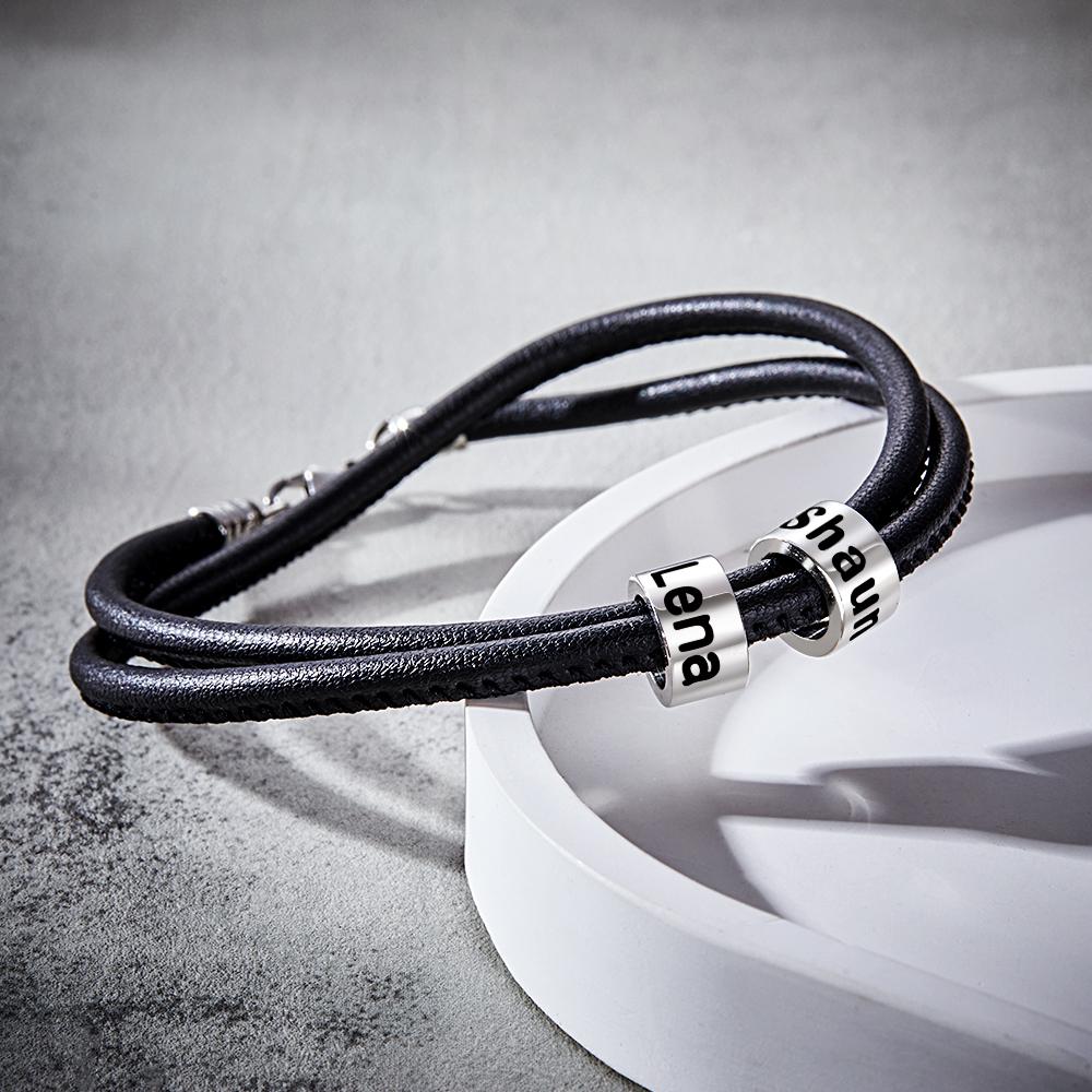 Custom Engraved Bead Bracelet Men Braided Black Leather Gifts