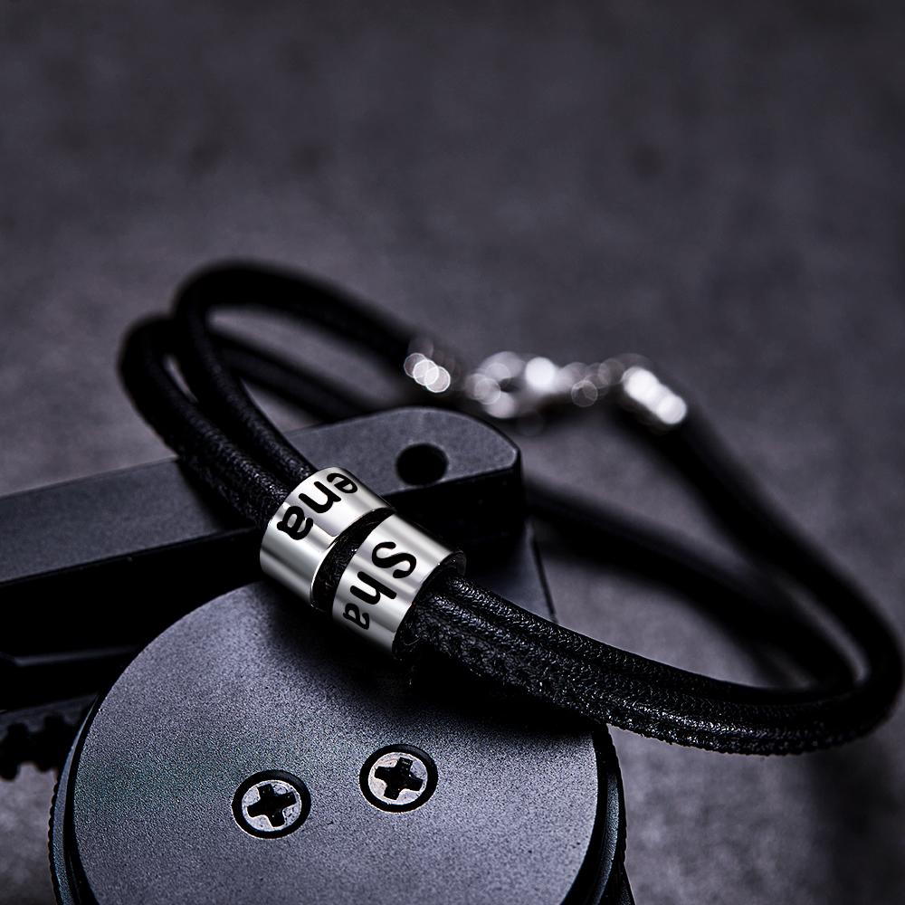 Custom Engraved Bead Bracelet Men Braided Black Leather Gifts