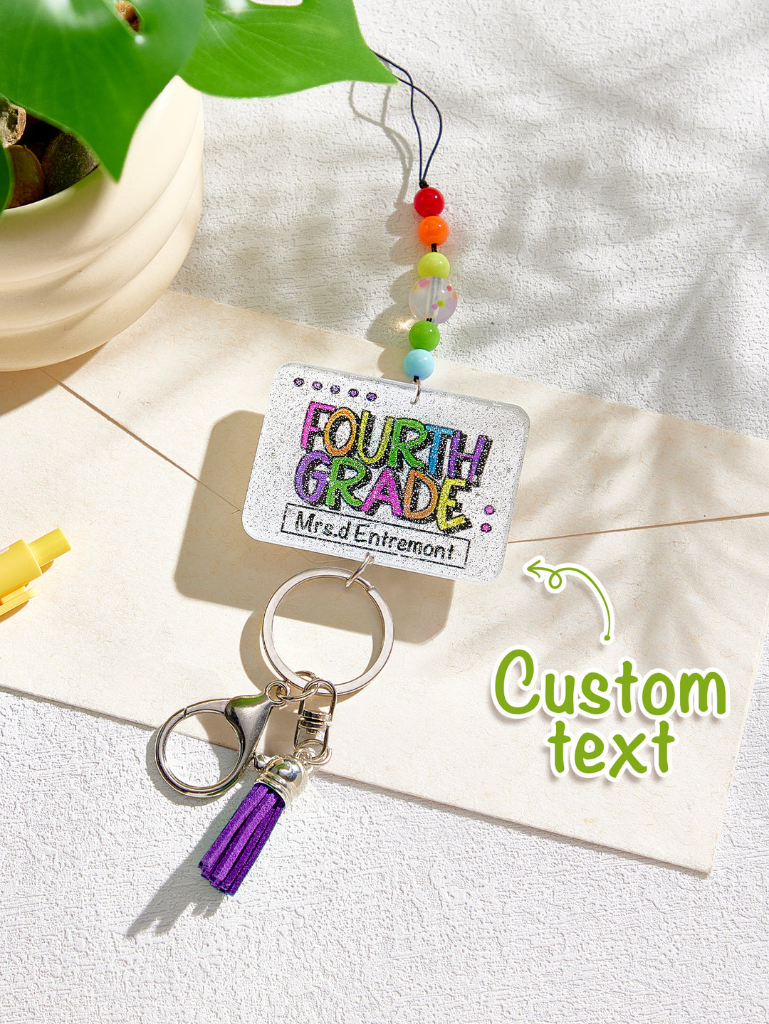 Personalized Glitter Acrylic Beaded Tassel Lanyard with Name Back to School Gift for Teacher