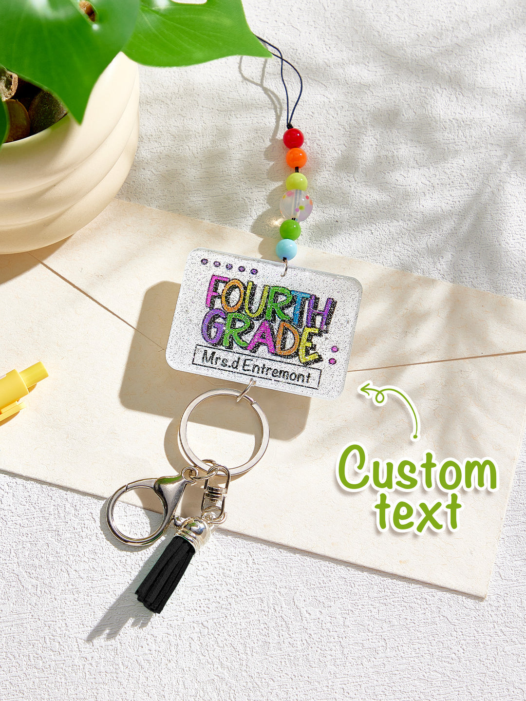 Personalized Glitter Acrylic Beaded Tassel Lanyard with Name Back to School Gift for Teacher