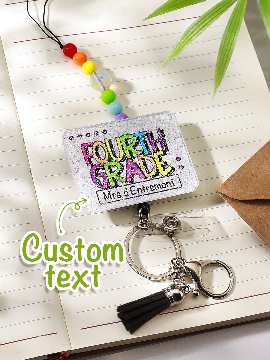 Personalized Glitter Acrylic Beaded Tassel Lanyard with Name Back to School Gift for Teacher