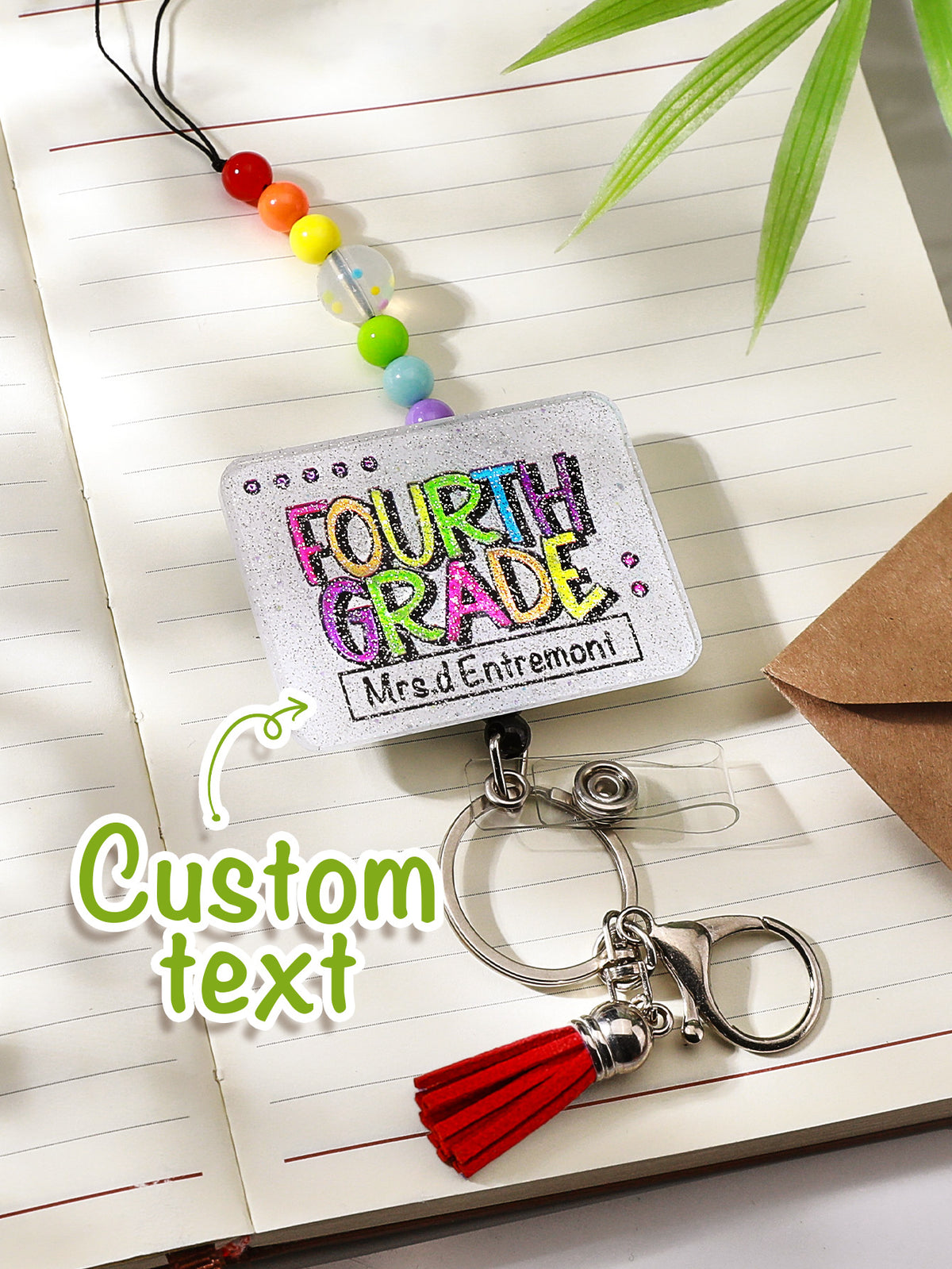 Personalized Glitter Acrylic Beaded Tassel Lanyard with Name Back to School Gift for Teacher