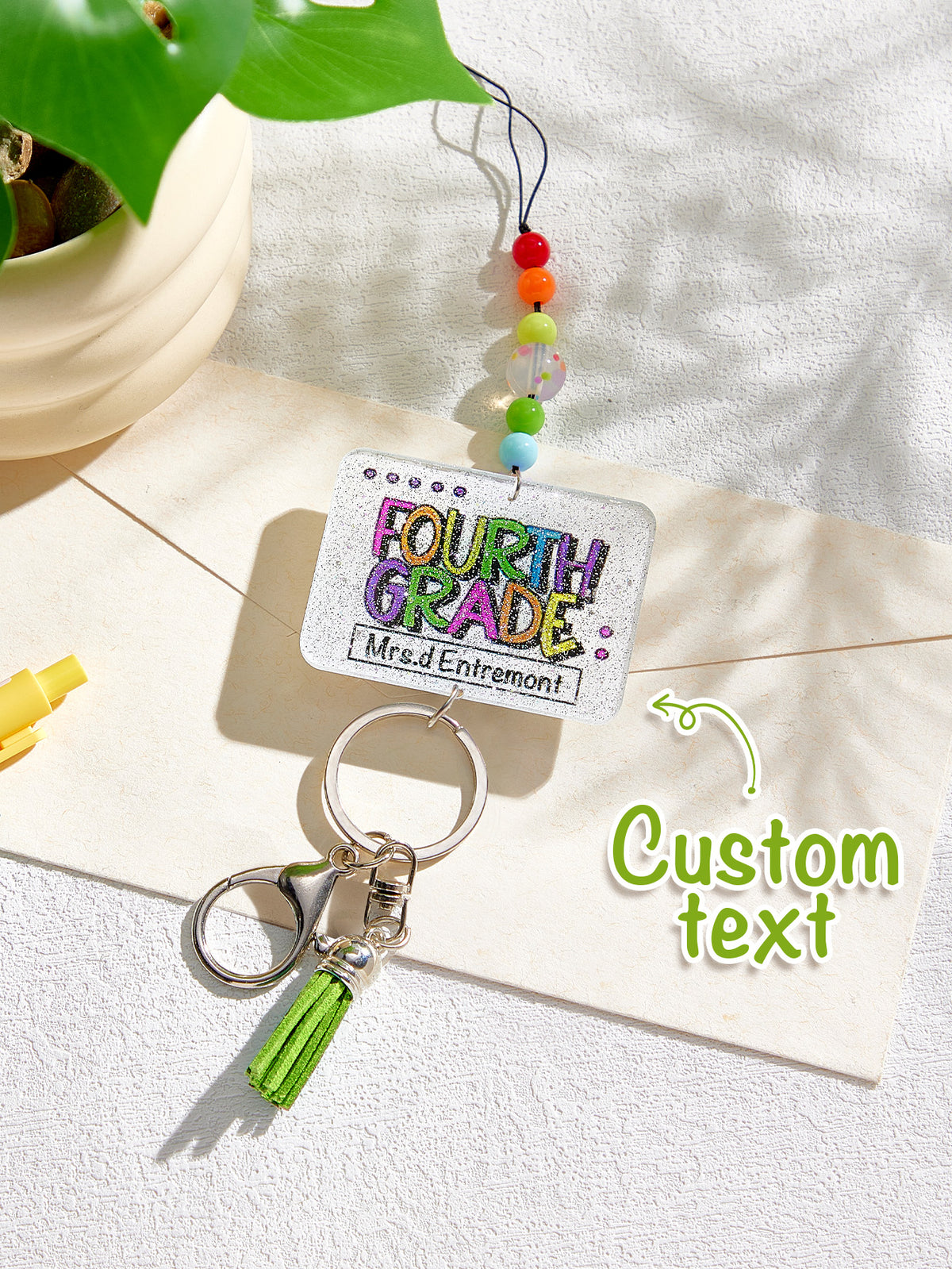 Personalized Glitter Acrylic Beaded Tassel Lanyard with Name Back to School Gift for Teacher