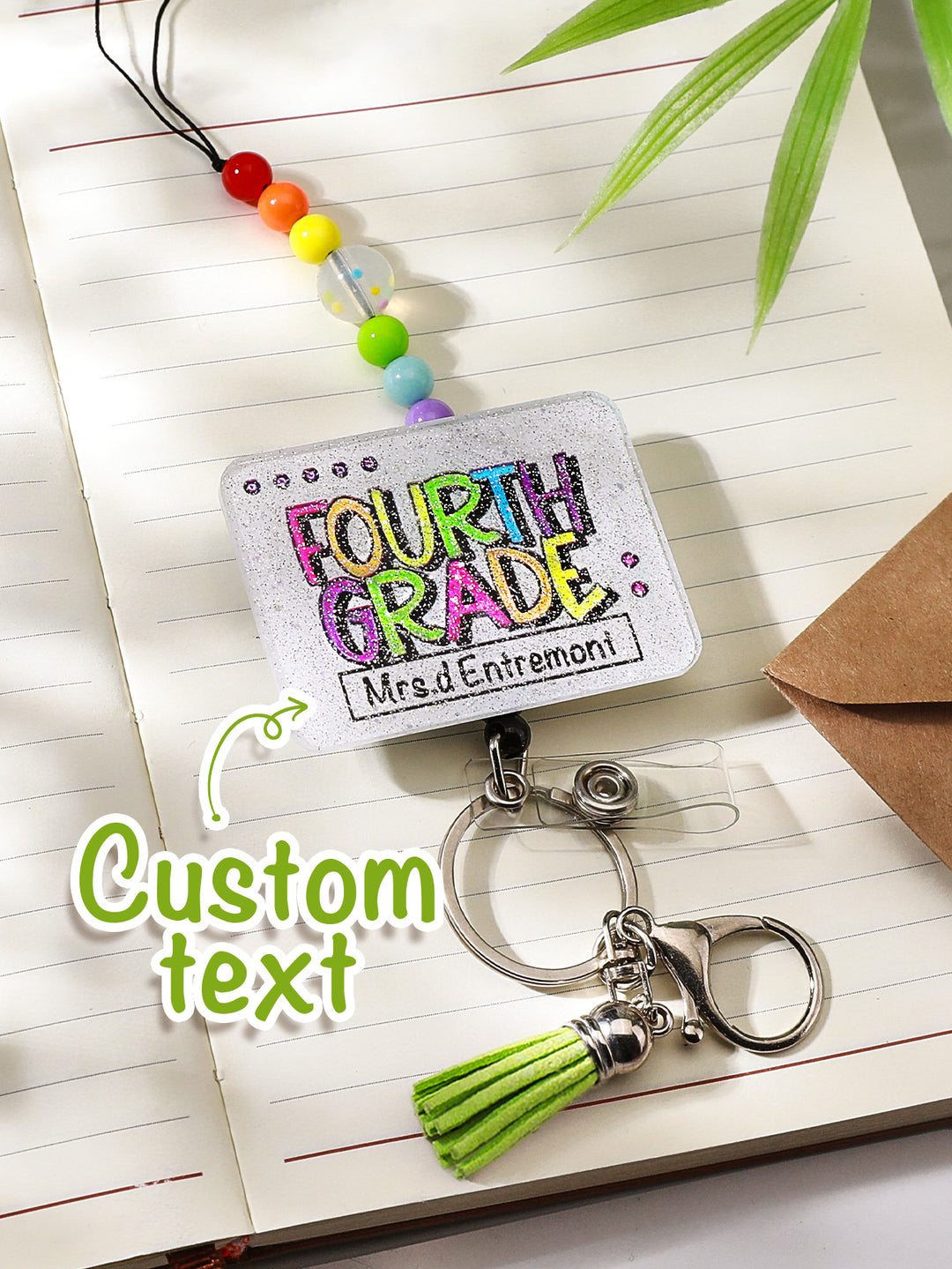 Personalized Glitter Acrylic Beaded Tassel Lanyard with Name Back to School Gift for Teacher