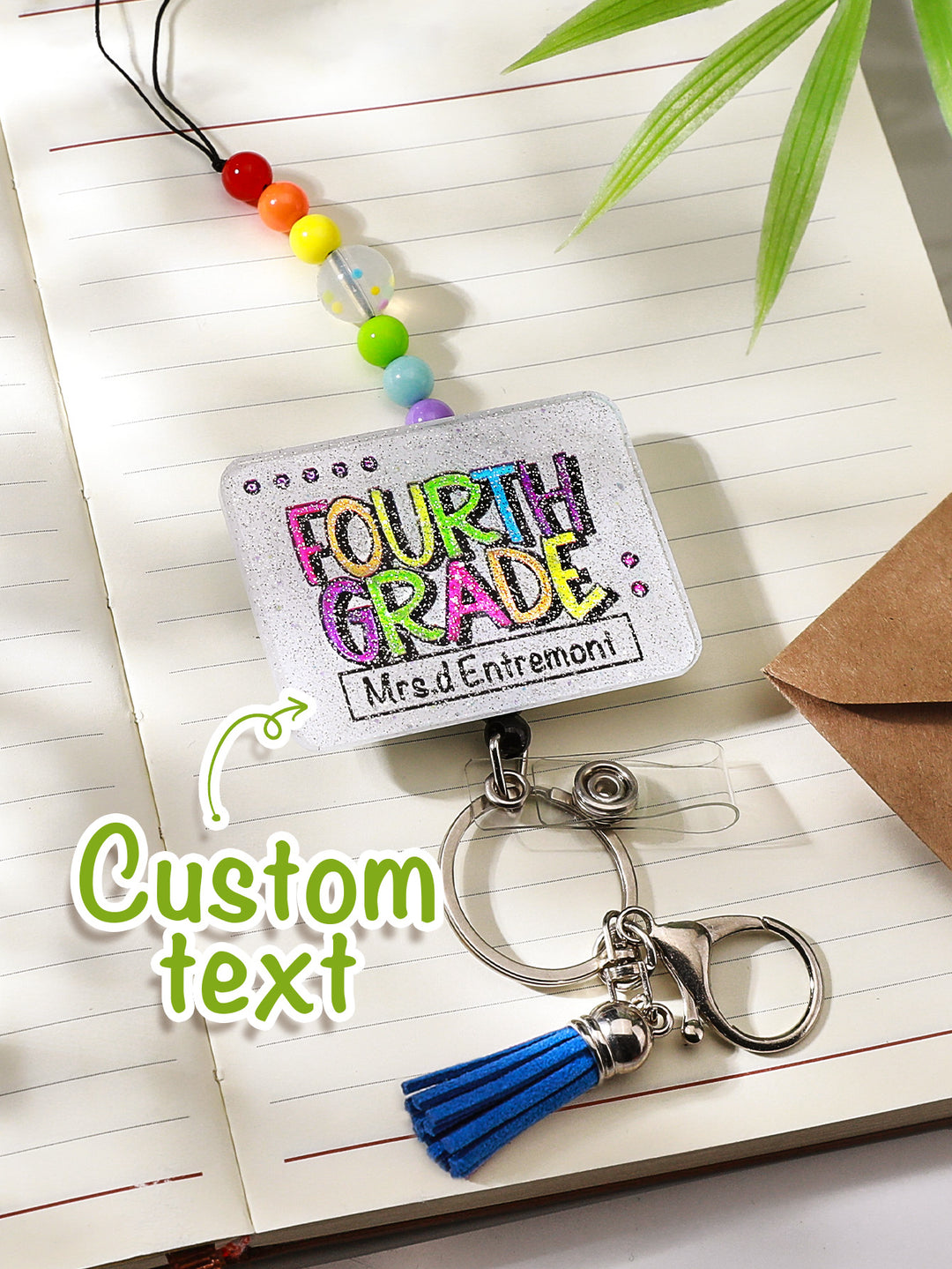 Personalized Glitter Acrylic Beaded Tassel Lanyard with Name Back to School Gift for Teacher