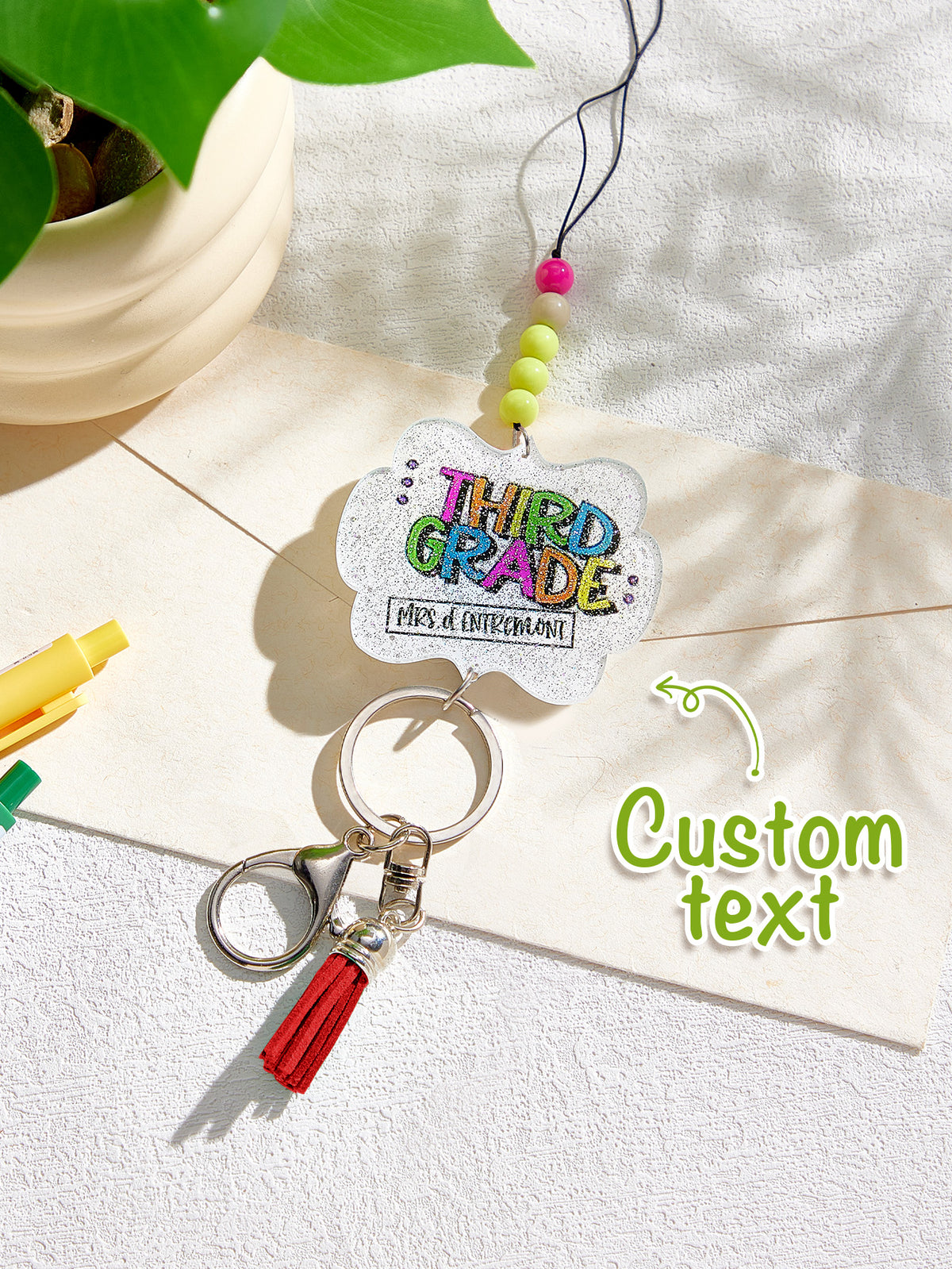 Personalized Glitter Acrylic Beaded Tassel Lanyard with Name Back to School Gift for Teacher