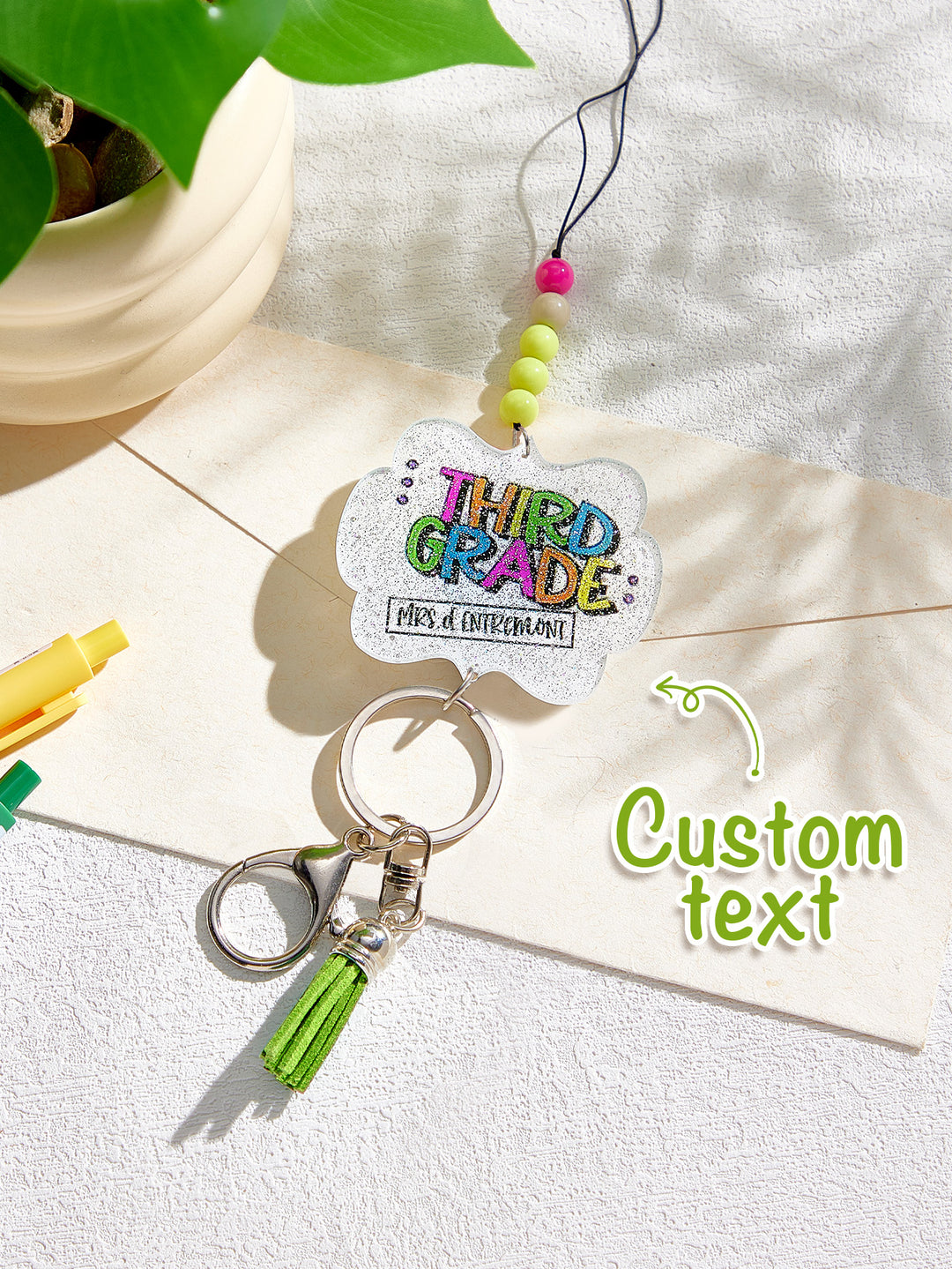 Personalized Glitter Acrylic Beaded Tassel Lanyard with Name Back to School Gift for Teacher