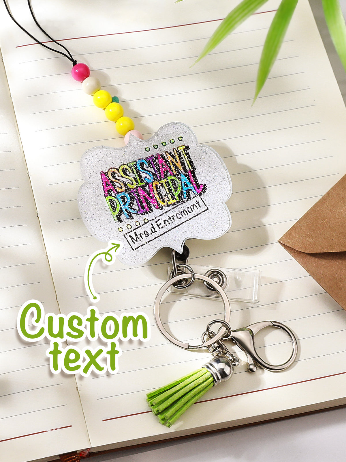 Personalized Glitter Acrylic Beaded Tassel Lanyard with Name Back to School Gift for Teacher