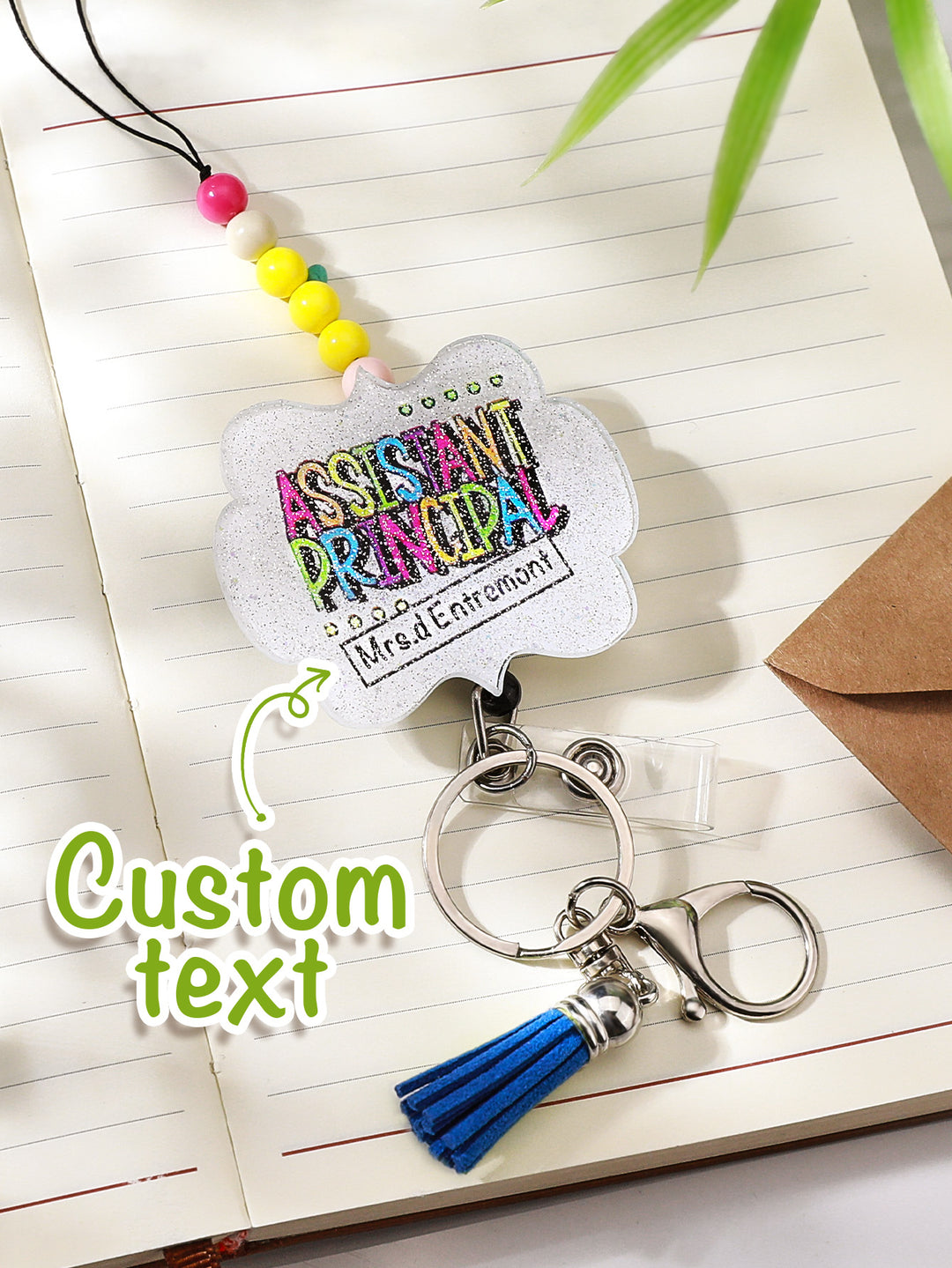 Personalized Glitter Acrylic Beaded Tassel Lanyard with Name Back to School Gift for Teacher