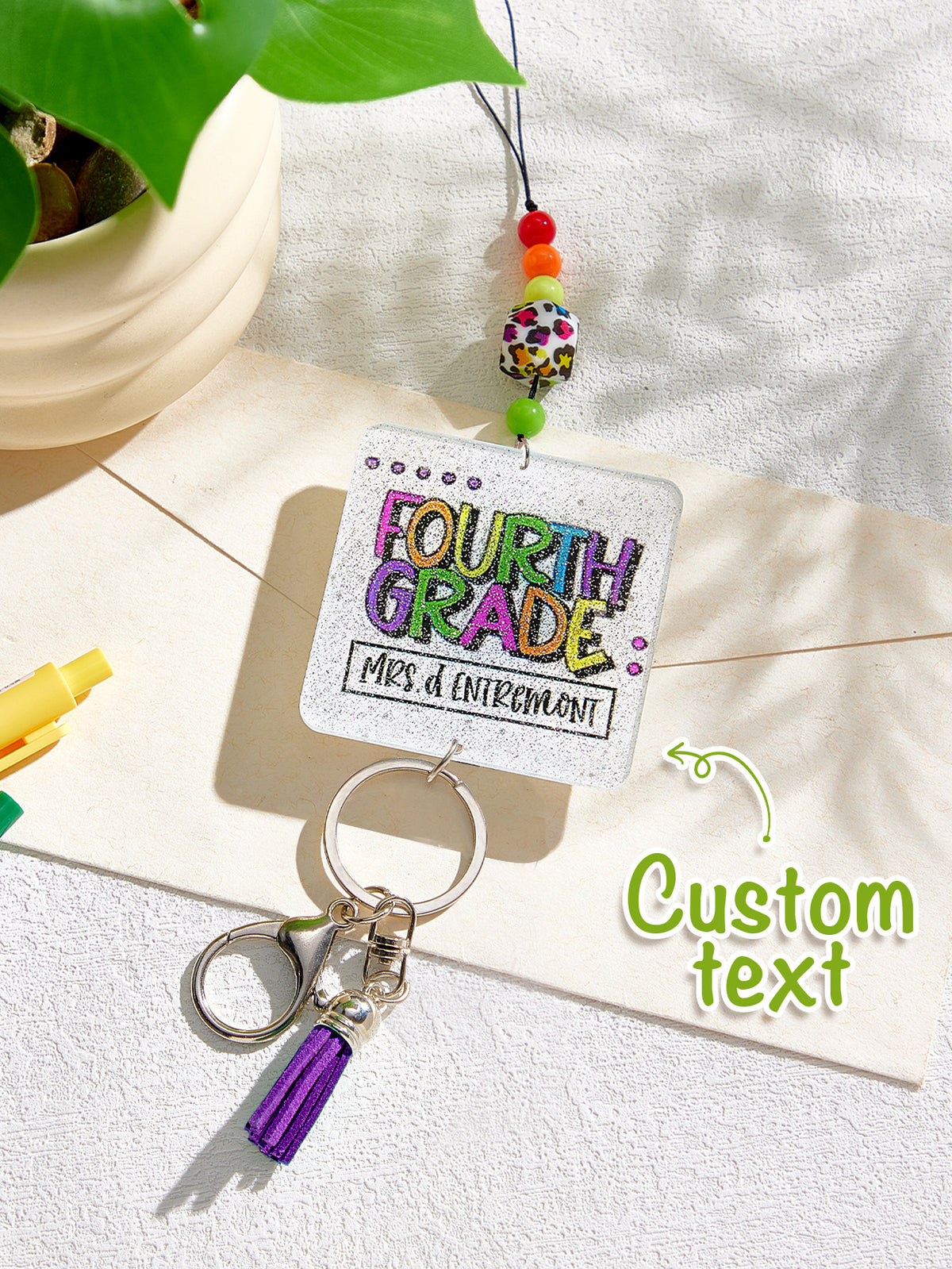 Personalized Glitter Acrylic Beaded Tassel Lanyard with Name Back to School Gift for Teacher