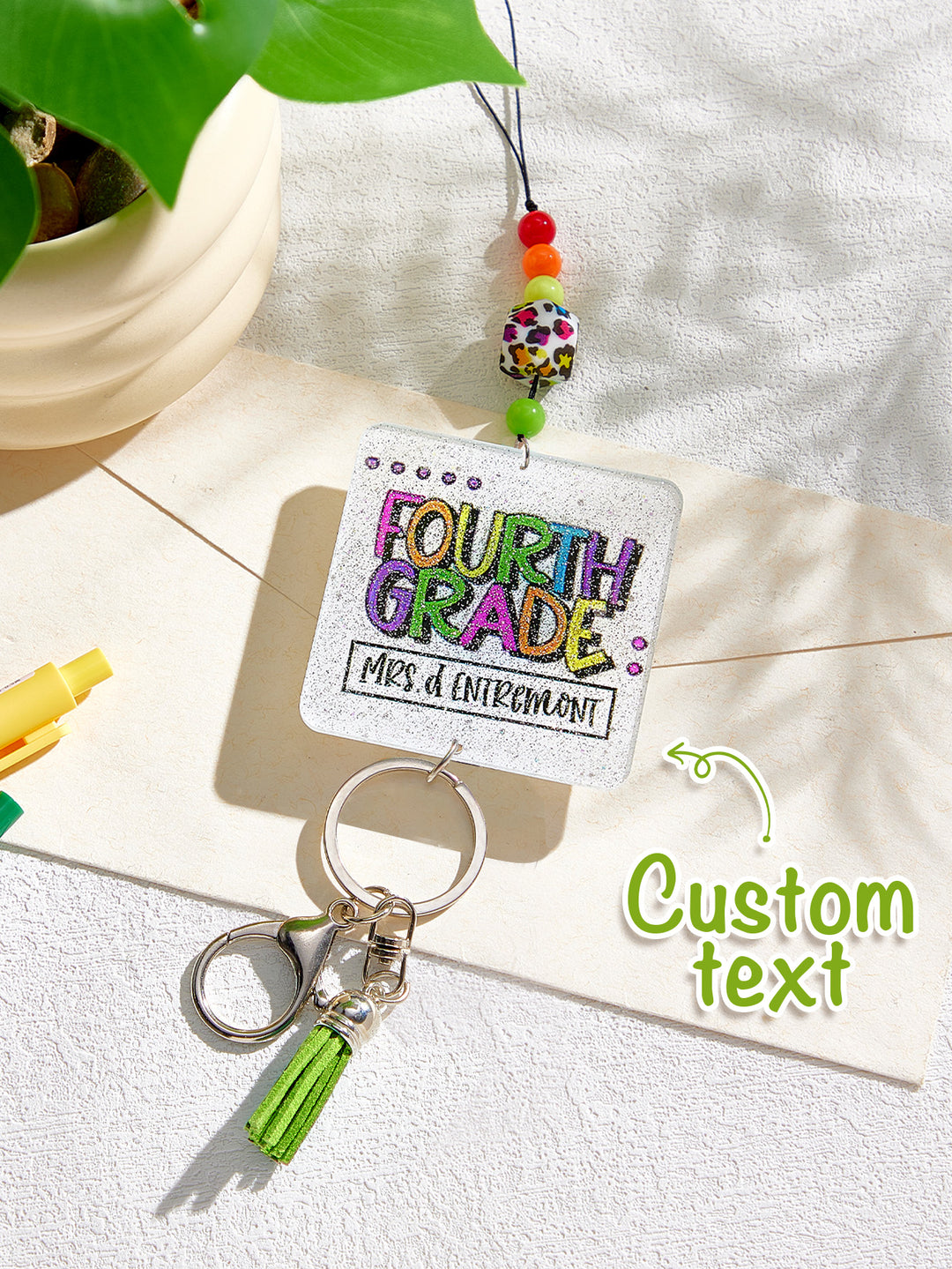 Personalized Glitter Acrylic Beaded Tassel Lanyard with Name Back to School Gift for Teacher