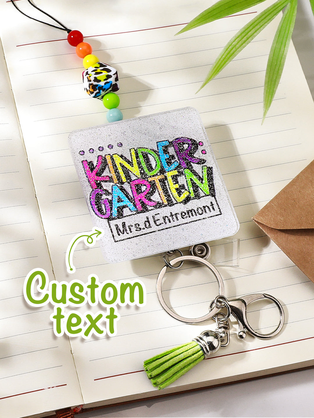 Personalized Glitter Acrylic Beaded Tassel Lanyard with Name Back to School Gift for Teacher