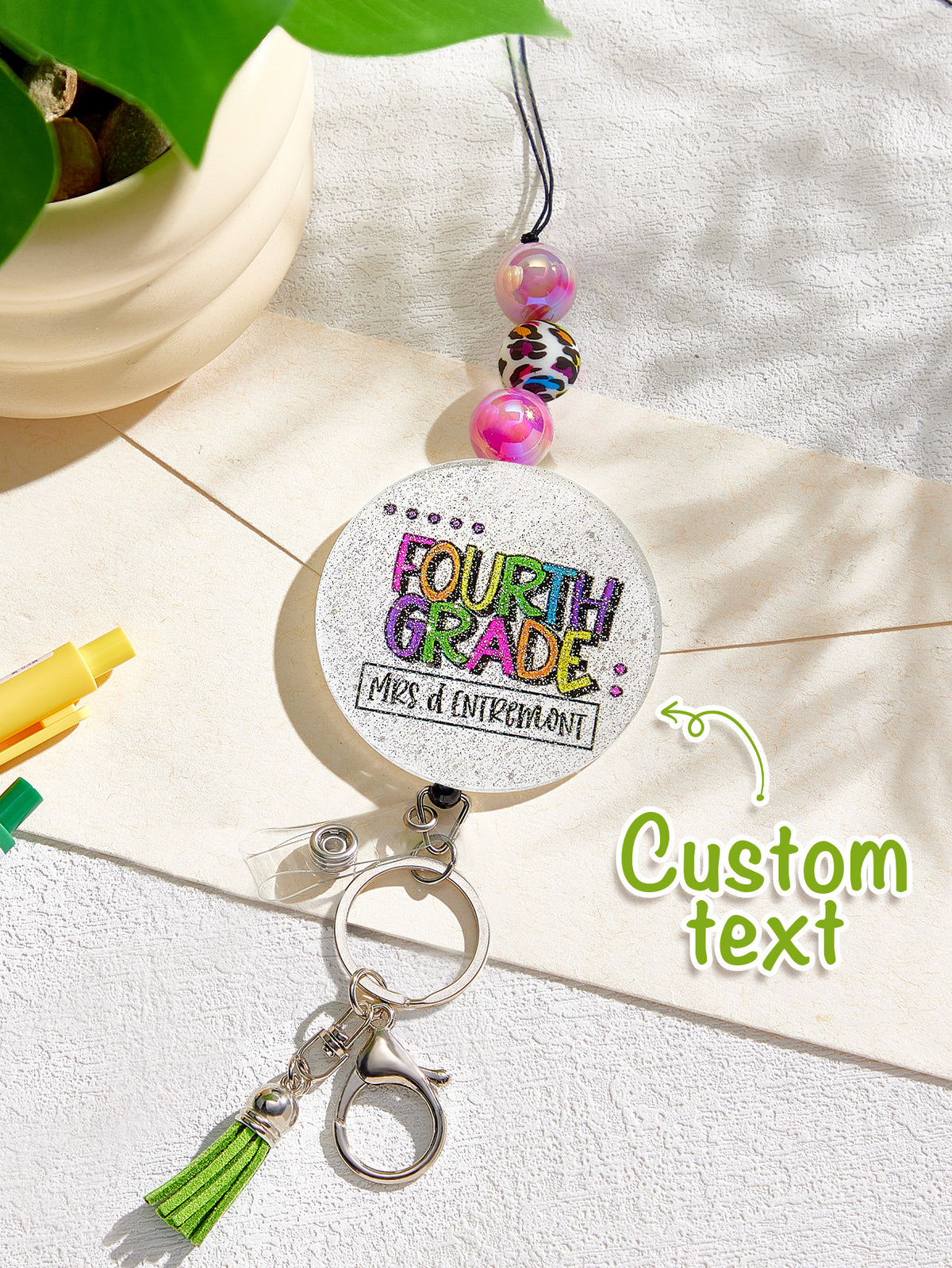 Personalized Glitter Acrylic Beaded Tassel Lanyard with Name Back to School Gift for Teacher