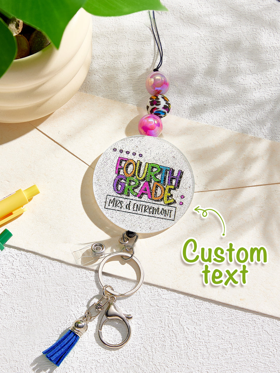 Personalized Glitter Acrylic Beaded Tassel Lanyard with Name Back to School Gift for Teacher