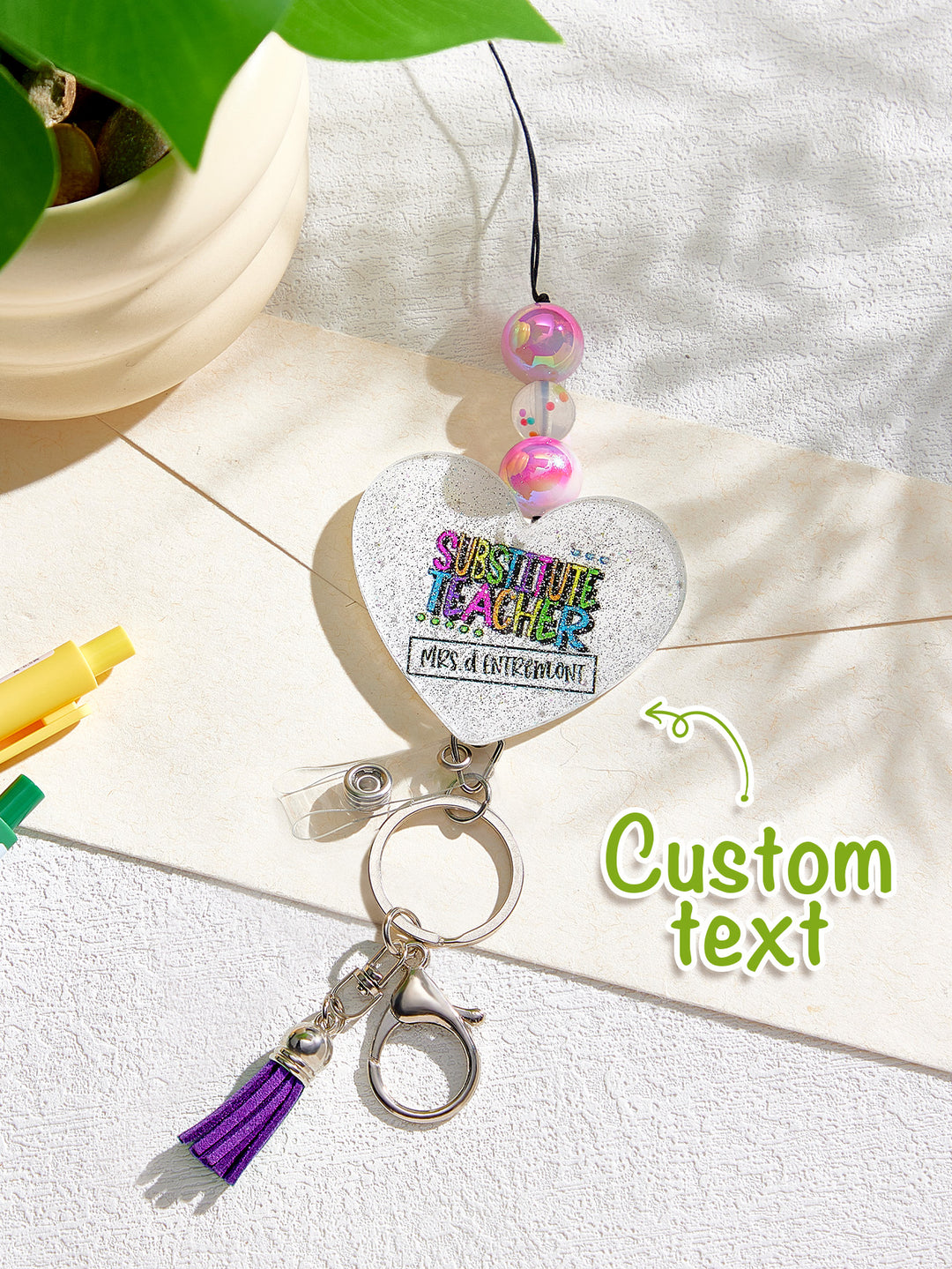 Personalized Glitter Acrylic Beaded Tassel Lanyard with Name Back to School Gift for Teacher