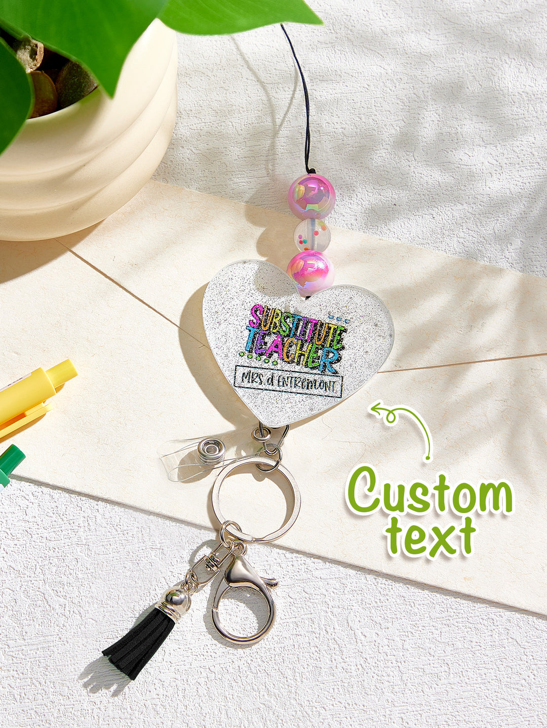 Personalized Glitter Acrylic Beaded Tassel Lanyard with Name Back to School Gift for Teacher