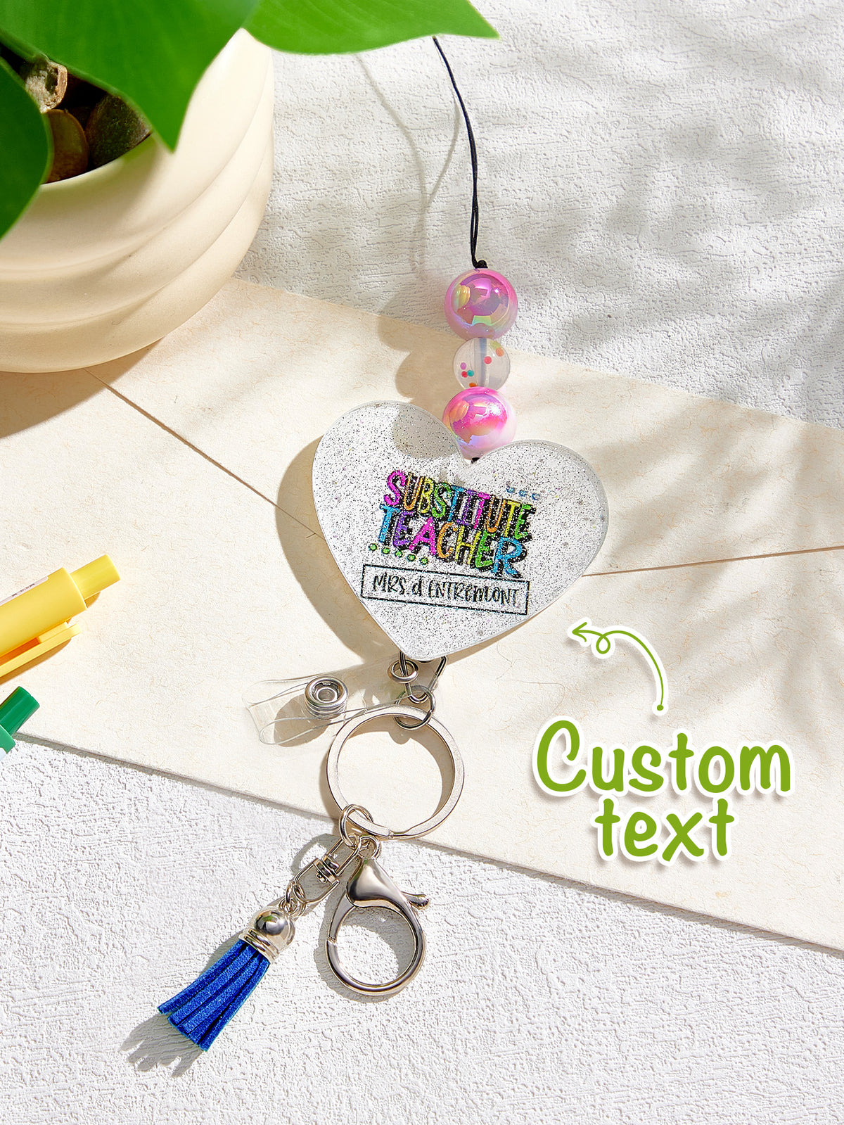Personalized Glitter Acrylic Beaded Tassel Lanyard with Name Back to School Gift for Teacher