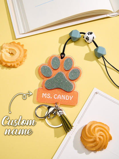 Personalized Glitter Paw ID Badge Lanyard with Text Beads Tassels Badge Lanyard Gift for Teacher Pet Lover