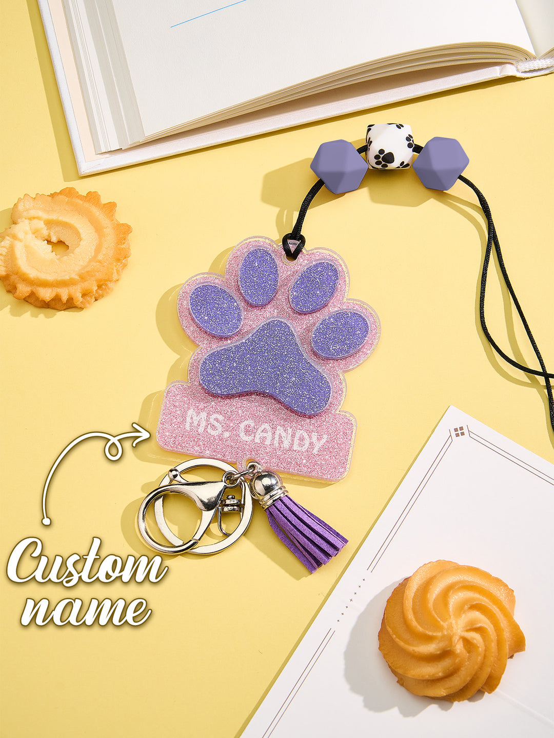 Personalized Glitter Paw ID Badge Lanyard with Text Beads Tassels Badge Lanyard Gift for Teacher Pet Lover