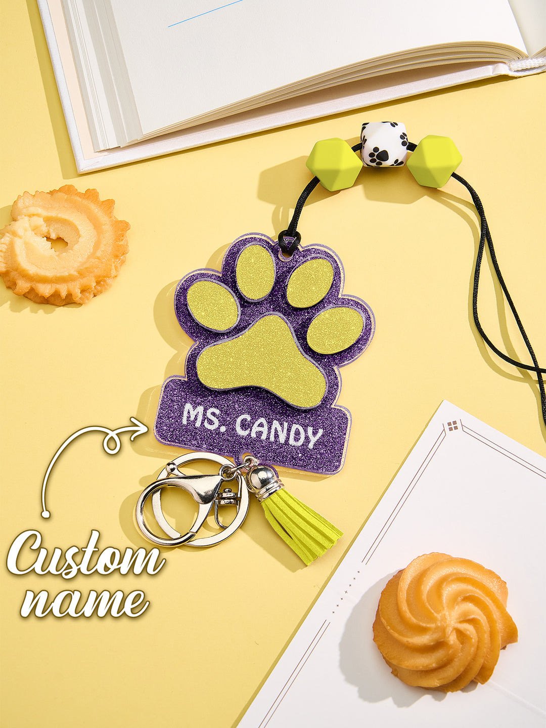 Personalized Glitter Paw ID Badge Lanyard with Text Beads Tassels Badge Lanyard Gift for Teacher Pet Lover