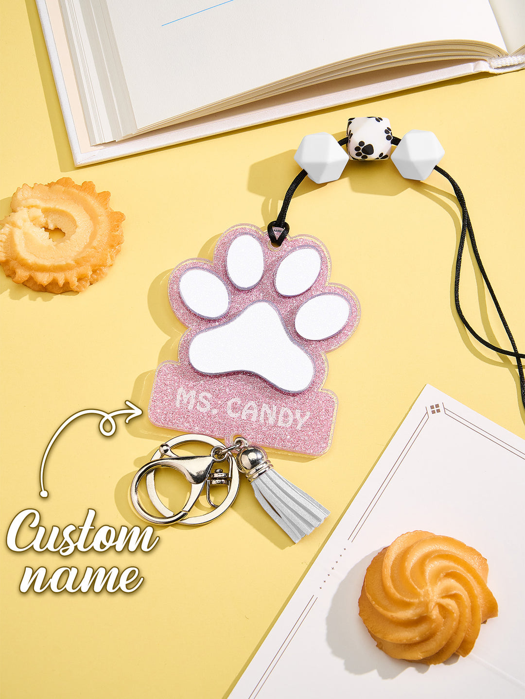 Personalized Glitter Paw ID Badge Lanyard with Text Beads Tassels Badge Lanyard Gift for Teacher Pet Lover