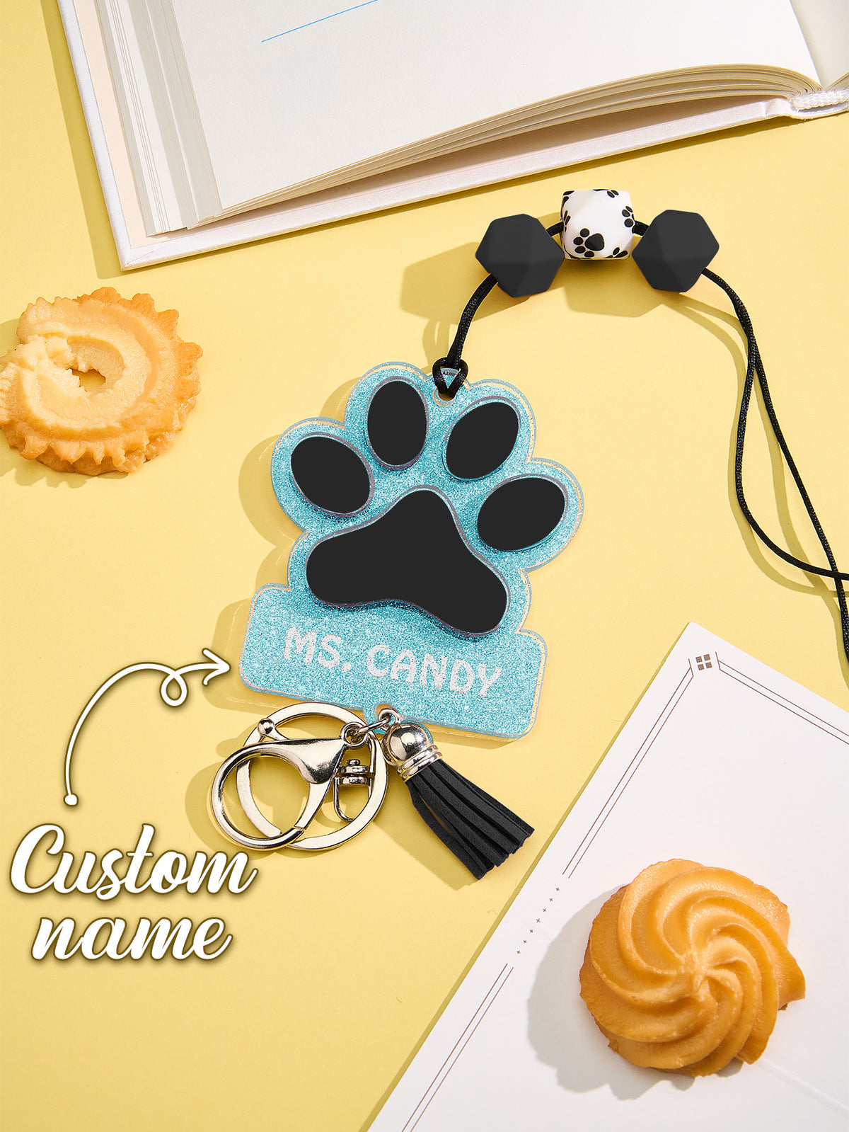Personalized Glitter Paw ID Badge Lanyard with Text Beads Tassels Badge Lanyard Gift for Teacher Pet Lover