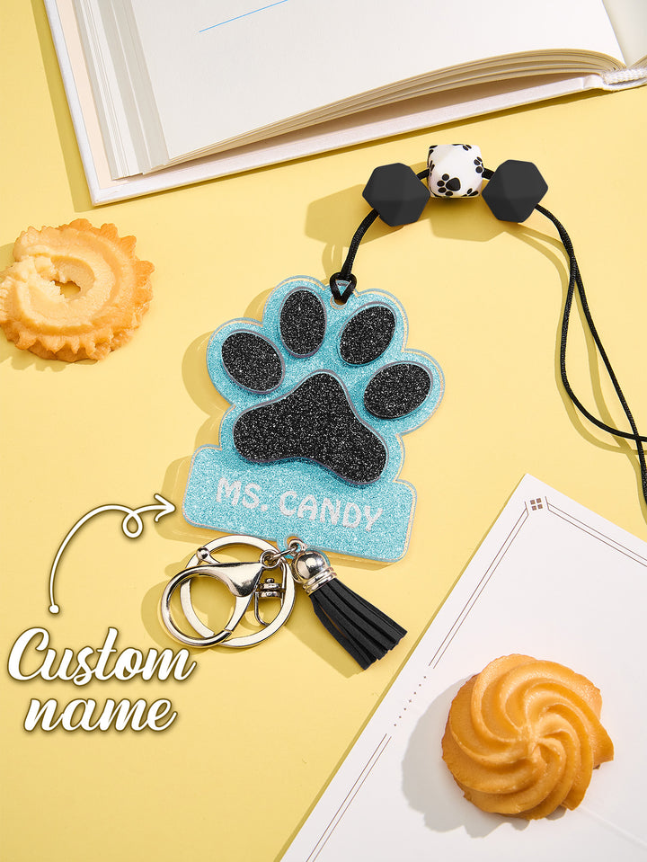 Personalized Glitter Paw ID Badge Lanyard with Text Beads Tassels Badge Lanyard Gift for Teacher Pet Lover