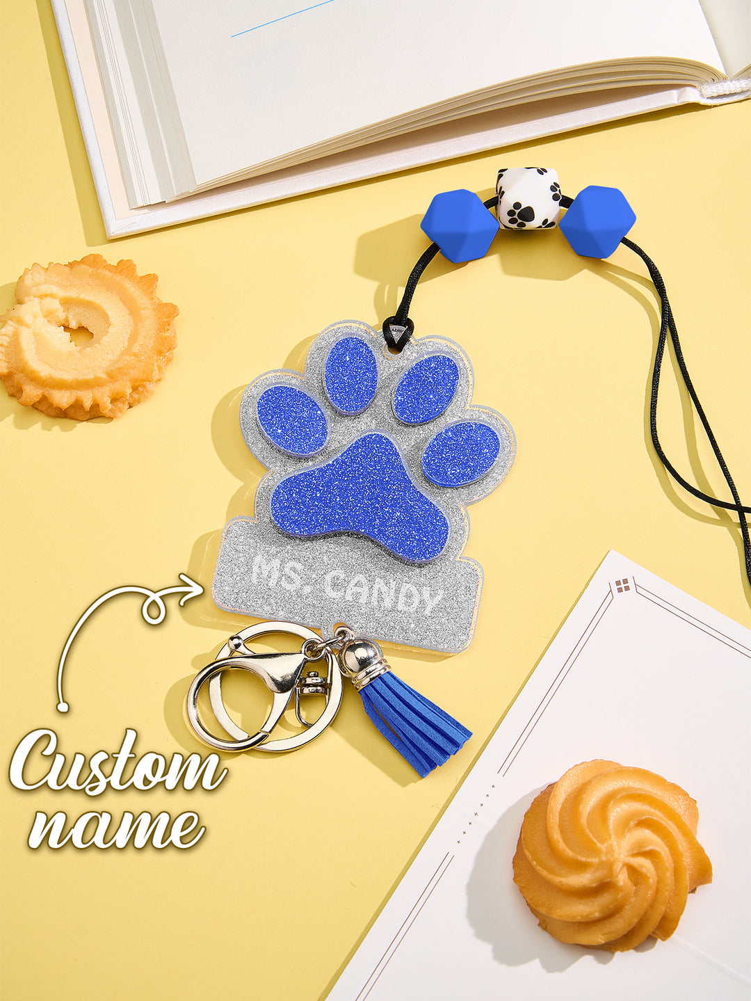 Personalized Glitter Paw ID Badge Lanyard with Text Beads Tassels Badge Lanyard Gift for Teacher Pet Lover