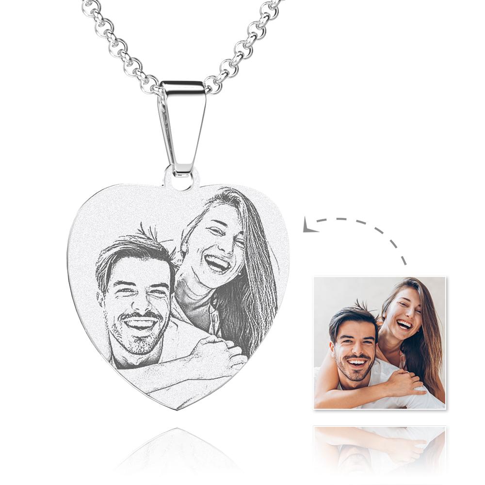 Women's Heart Photo Engraved Tag Necklace with Engraving Stainless Steel