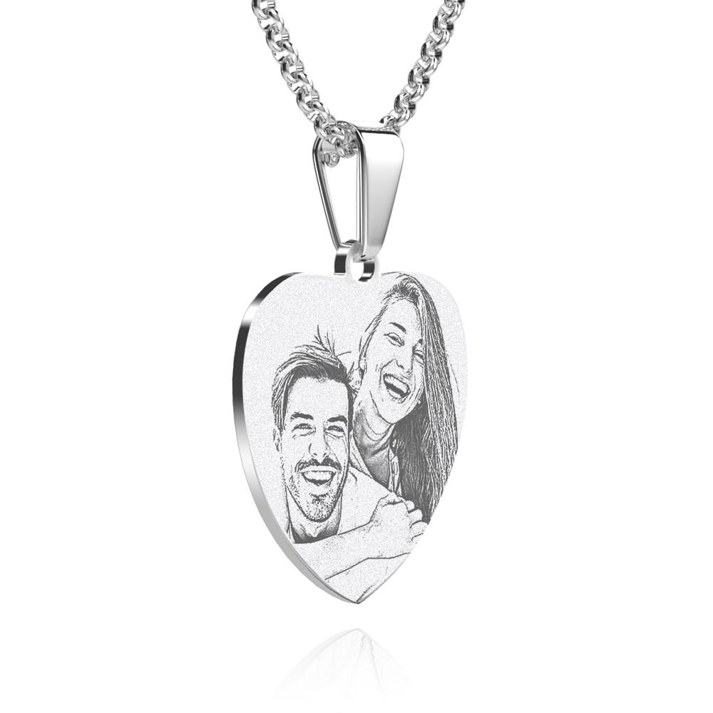 Women's Heart Photo Engraved Tag Necklace with Engraving Stainless Steel