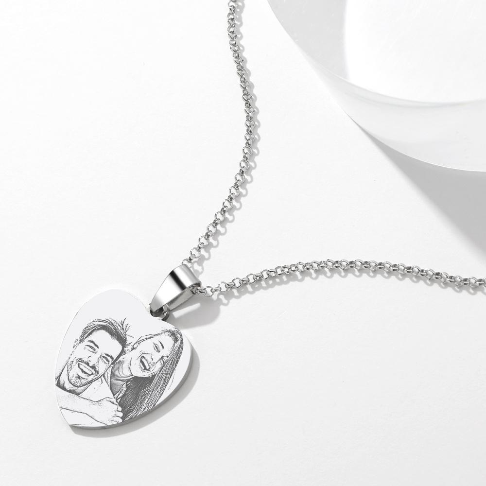 Women's Heart Photo Engraved Tag Necklace with Engraving Stainless Steel