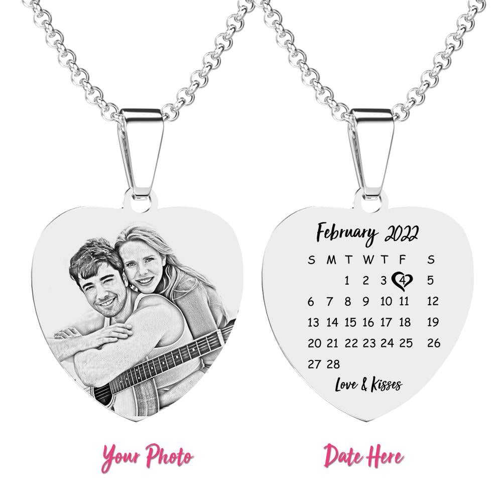 Heart Photo Calendar Engraved Tag Necklace With Engraving Stainless Steel Gifts for Her