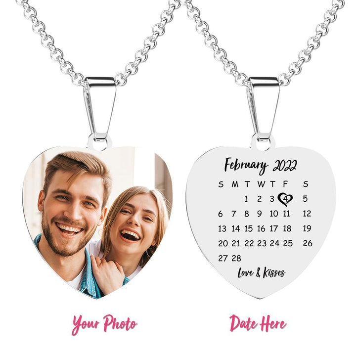 Heart Photo Calendar Engraved Tag Necklace With Engraving Stainless Steel Gifts for Her