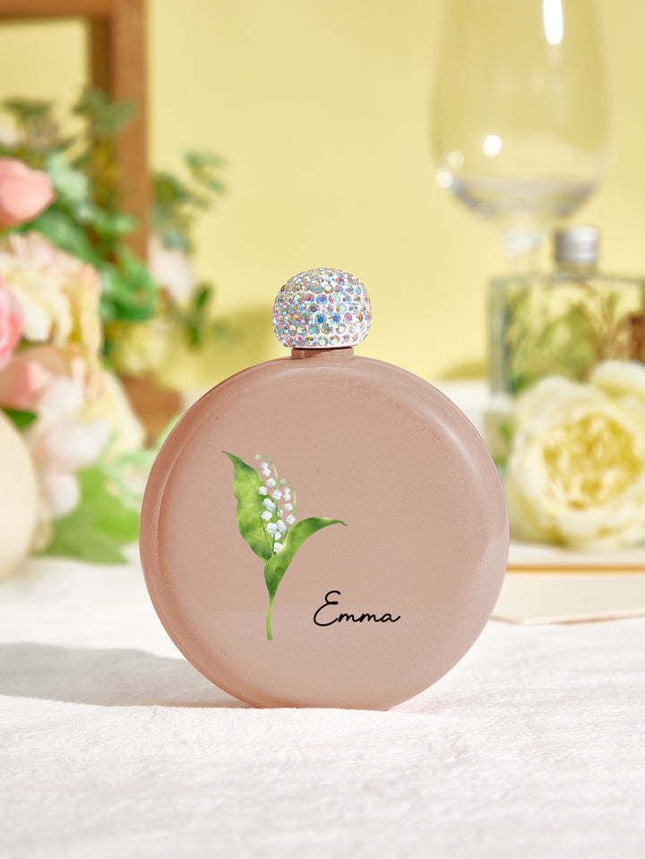 Personalized Birth Flower Round Flasks with Name 5oz Glitter Flask Birthday Bridesmaid Party Gift for Girls