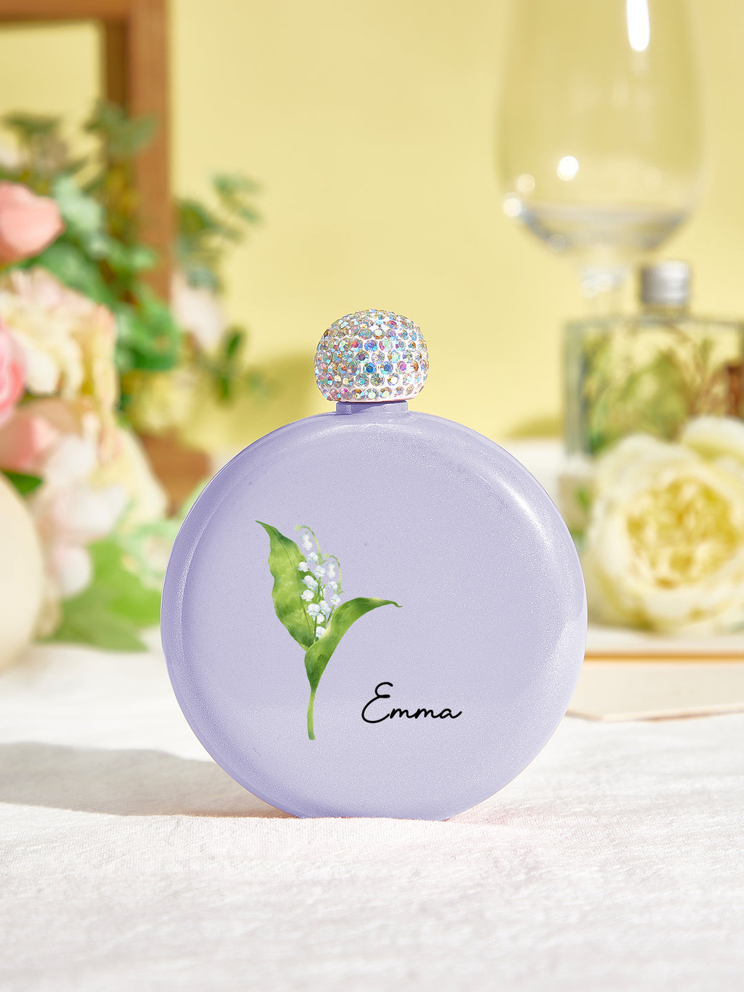 Personalized Birth Flower Round Flasks with Name 5oz Glitter Flask Birthday Bridesmaid Party Gift for Girls